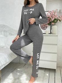 Letter Graphic Tee & Pants PJ Set / Pajama Set - Grey - View 3