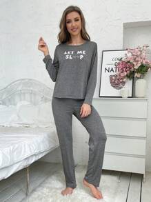 Letter Graphic Tee & Pants PJ Set / Pajama Set - Grey - View 4