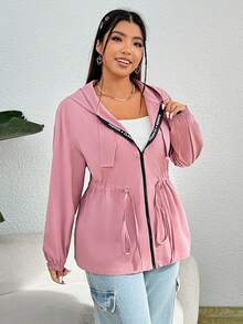 SHEIN EZwear 加抽繩腰落肩連帽大衣 - 藕粉色 - 查看 5