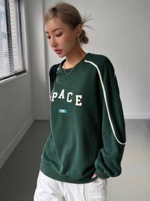 DAZY Áo nỉ trễ vai họa tiết tương phản chữ cái, quần áo mùa thu - Màu xanh lá cây đậm - Xem 3