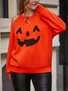 SHEIN Franclia 大碼萬聖印花挖肩運動衫 - 橘色 - 查看 5