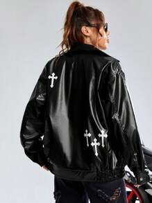 SHEIN EZwear 圖案印花落肩袖PU皮革外套 - 黑色 - 查看 2