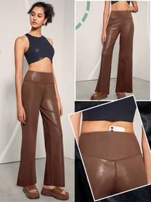 GLOWMODE Foiled Leather Effect Straight Wide Leg Pocket Brushed Sports Pants