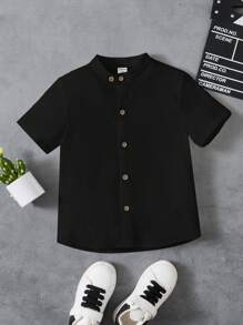 SHEIN Young Boy Black Short Sleeve Woven Mandarin Collar Single-Breasted Casual Shirt - Black - View 1