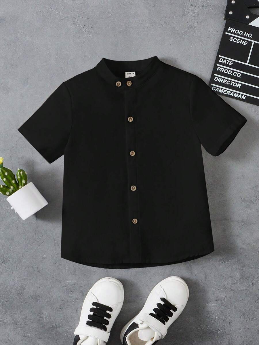 SHEIN Young Boy Black Short Sleeve Woven Mandarin Collar Single-Breasted Casual Shirt - Black - View 1