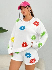 SHEIN EZwear Plus Floral Pattern Drop Shoulder Sweater & Knit Shorts - Multicolor - View 4