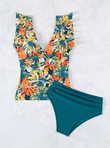 SHEIN Swim Summer Beach Tropical Print Ruffle Trim Tankini - Multicolor - View 5