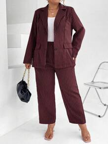 Calvaya Plus Pinstriped Print Blazer & Pants - Burgundy - View 5