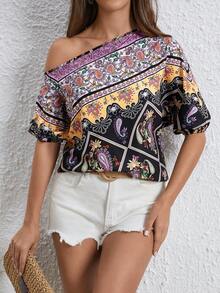 SHEIN VCAY 佩斯利印花不對稱領蝙蝠袖襯衫 - 黑色 - 查看 5