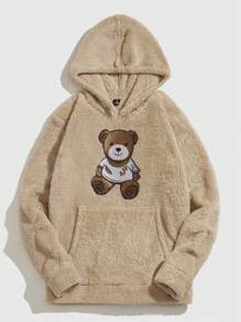 Manfinity RebelGame 男士小熊刺繡袋鼠口袋加絨內裏毛絨帽衫 - 卡其色 - 查看 1