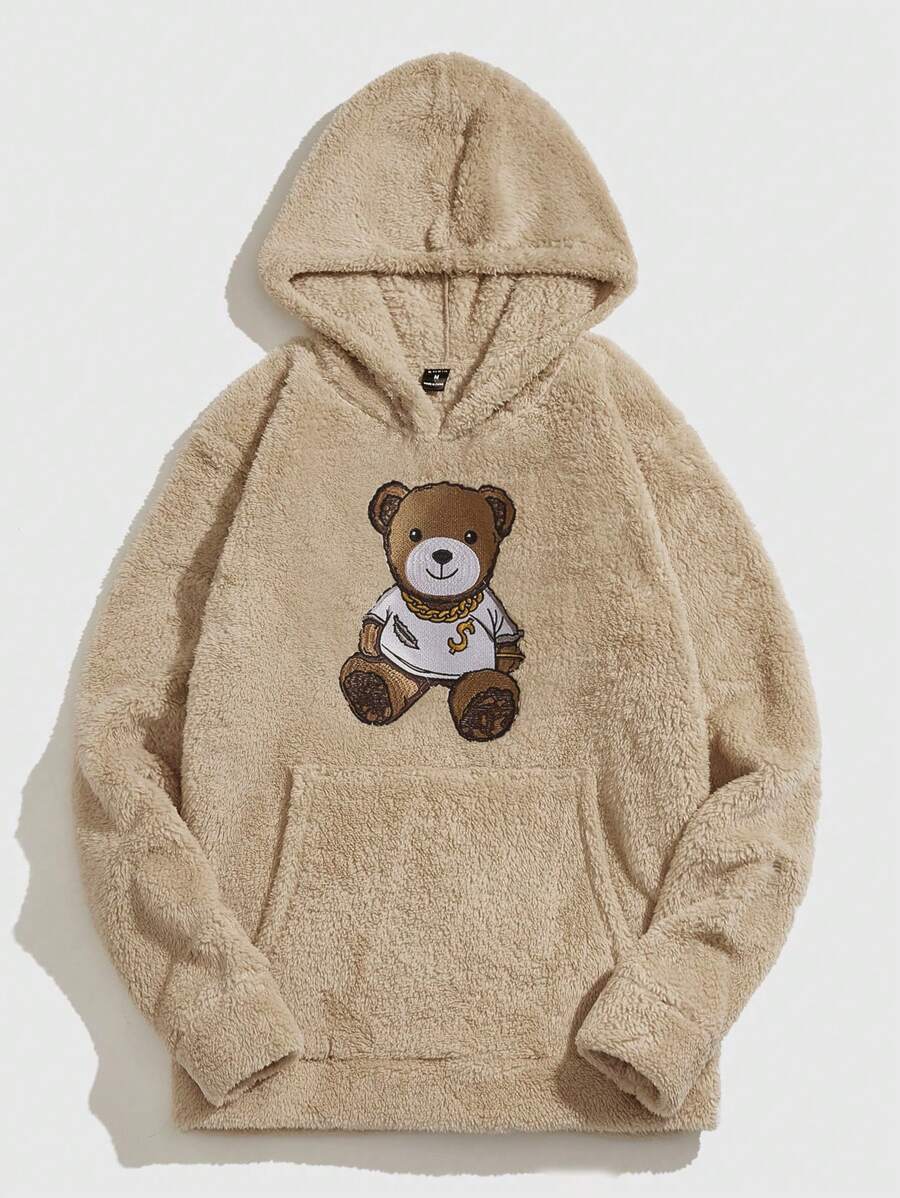 Manfinity RebelGame 男士小熊刺繡袋鼠口袋加絨內裏毛絨帽衫 - 卡其色 - 查看 1