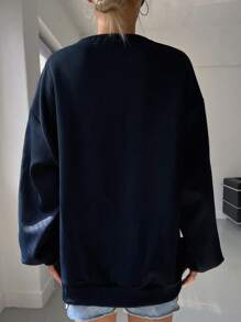DAZY Đồ họa Chữ cái Thả vai Lót nhiệt Áo chui đầu Oversized - Màu xanh hải quân - Xem 2
