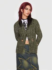 ROMWE Grunge Punk Space Dye Drop Shoulder Cardigan - Green - View 6