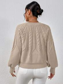 EMERY ROSE Solid Cable Knit Lantern Sleeve Knit Pullover Fall Winter Sweater - Apricot - View 2