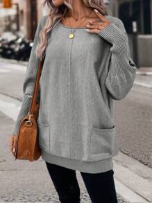 SHEIN LUNE 雙口袋蝙蝠袖口袋貼布套頭毛衣 - 灰色 - 查看 6