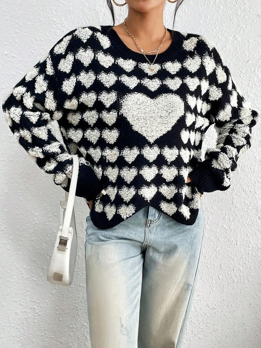 SHEIN Unity Hình trái tim Thả vai Áo len - Đen và trắng - Xem 1