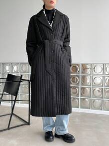 翻领系带长款绗缝加厚口袋大衣，女士冬季服装，女士冬装外套 - 黑色 - 查看 8