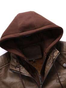 Men Long Sleeve Zip Up Hooded PU Leather Jacket, For Fall Winter, Grunge