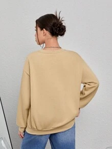 Teen Girl Heart Print Drop Shoulder Sweatshirt - Khaki - View 2