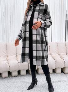 SHEIN Maternity Plaid Print Drop Shoulder Coat - Black and White - View 1