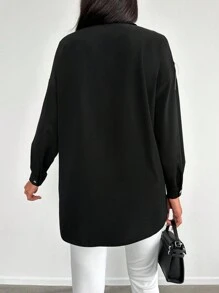 EURMUSE Fringe Trim Button Front Shirt - Black - View 2