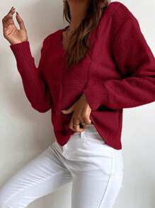 SHEIN LUNE Solid Cable Knit V Neck Knit Pullover Fall Winter Sweater - Burgundy - View 4
