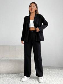 SHEIN PETITE Solid Single Breasted Blazer & Suit Pants In Fall/Winter - Black - View 6