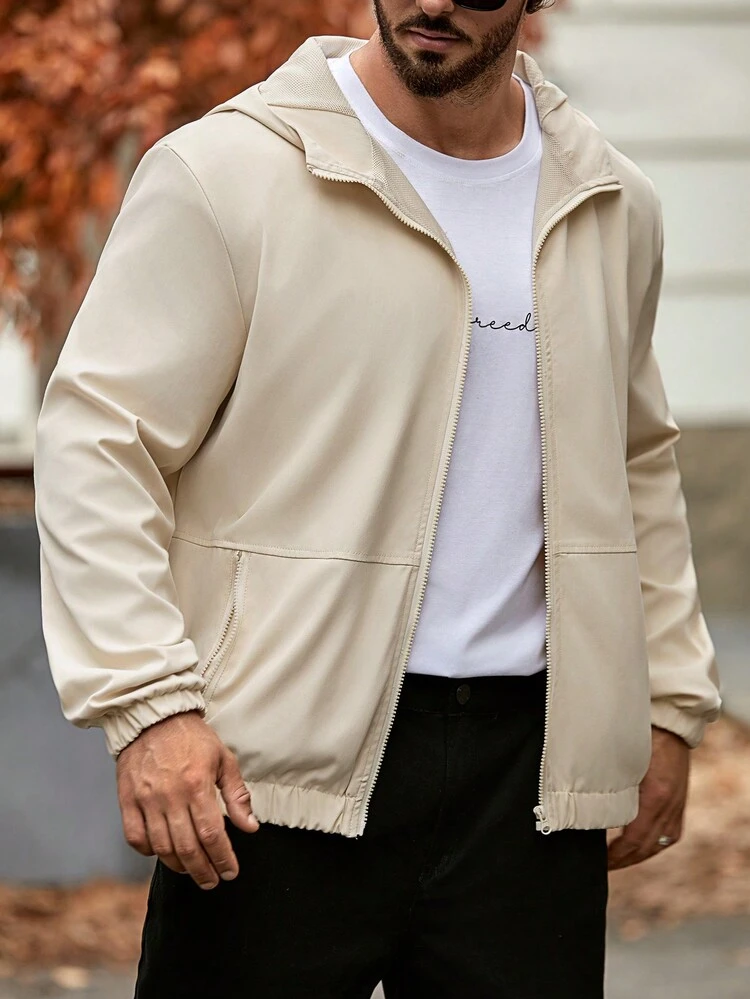 Wide-Fit Men's Solid-Colored Hooded Zip-Up Jacket