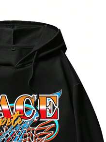 ROMWE MEN Street Life Guys Basketball & Letter Graphic Drawstring Thermal Hoodie - Black - View 3