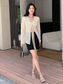 DAZY Tie Front Bell Sleeve Jacquard Blouse - Beige - View 6