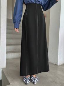 FRIFUL Solid Split Hem Belted Straight Skirt - Black - View 5