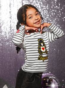 SHEIN X Care Bears 女小童條紋圖案和卡通圖案T恤