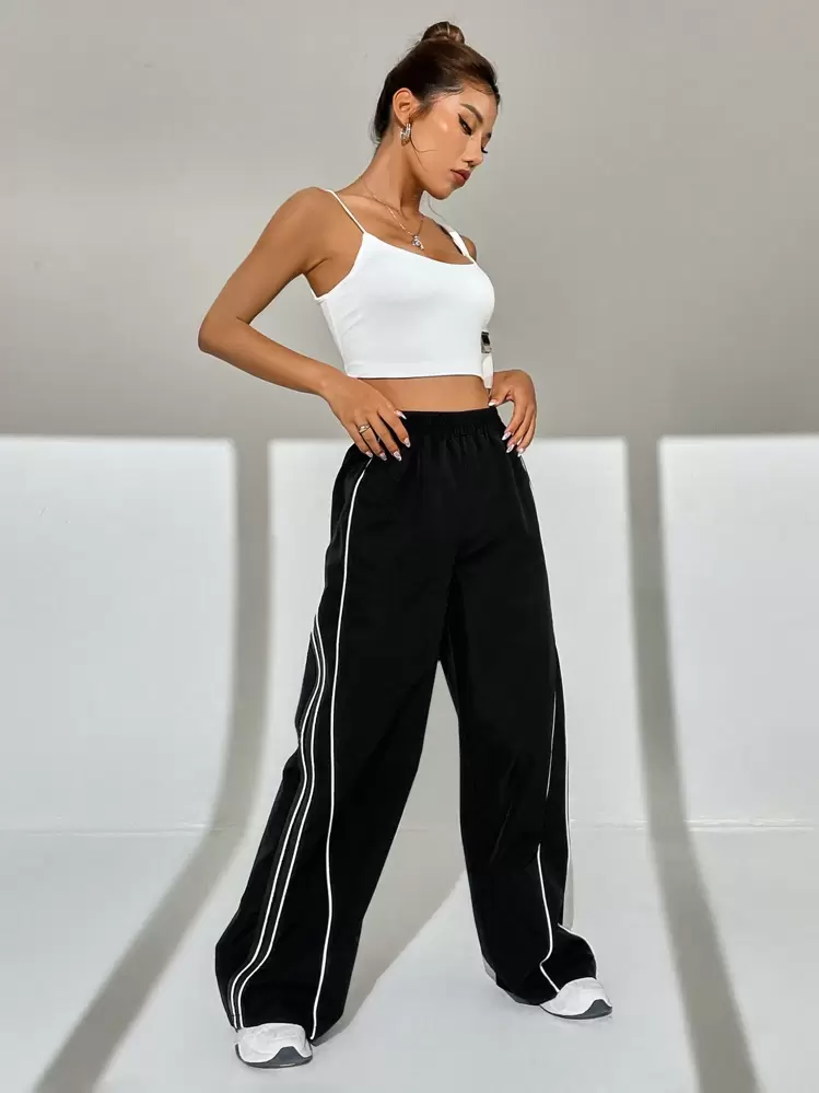 SHEIN EZwear Quần nữ Tương phản ràng buộc màu trơn Giải trí - màu đen - Xem 5