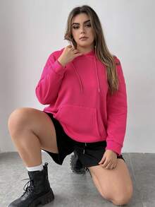 Flirla Plus Figure & Letter Graphic Drop Shoulder Drawstring Hoodie - Hot Pink - View 5