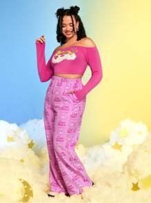 SHEIN X Care Bears Plus Letter Graphic Wide Leg Pants - Pink - View 4