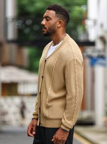 Manfinity Homme Men Solid Cable Knit Button Up Cardigan - Brown - View 7