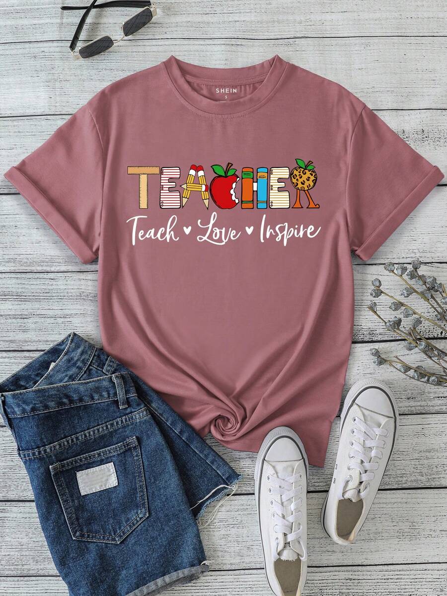 SHEIN LUNE Camiseta con estampado de letra - Rosa Oxidada - Ver 1