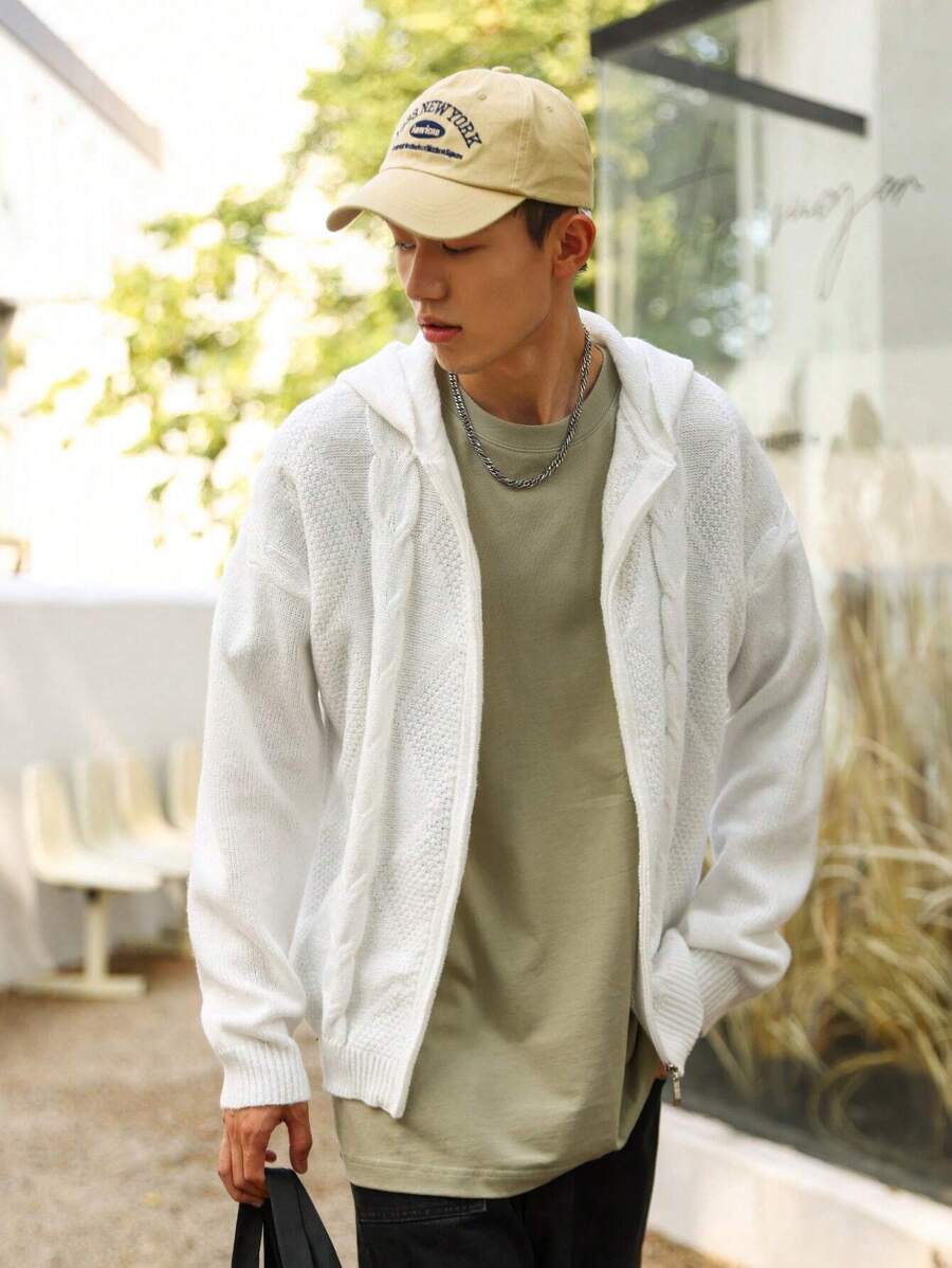 Claim Dot Men Zip Up Drop Shoulder Hooded Cardigan - White - View 1