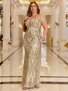 SHEIN Belle 大碼露肩魚尾下擺亮片正裝洋裝 - 杏色 - 查看 7