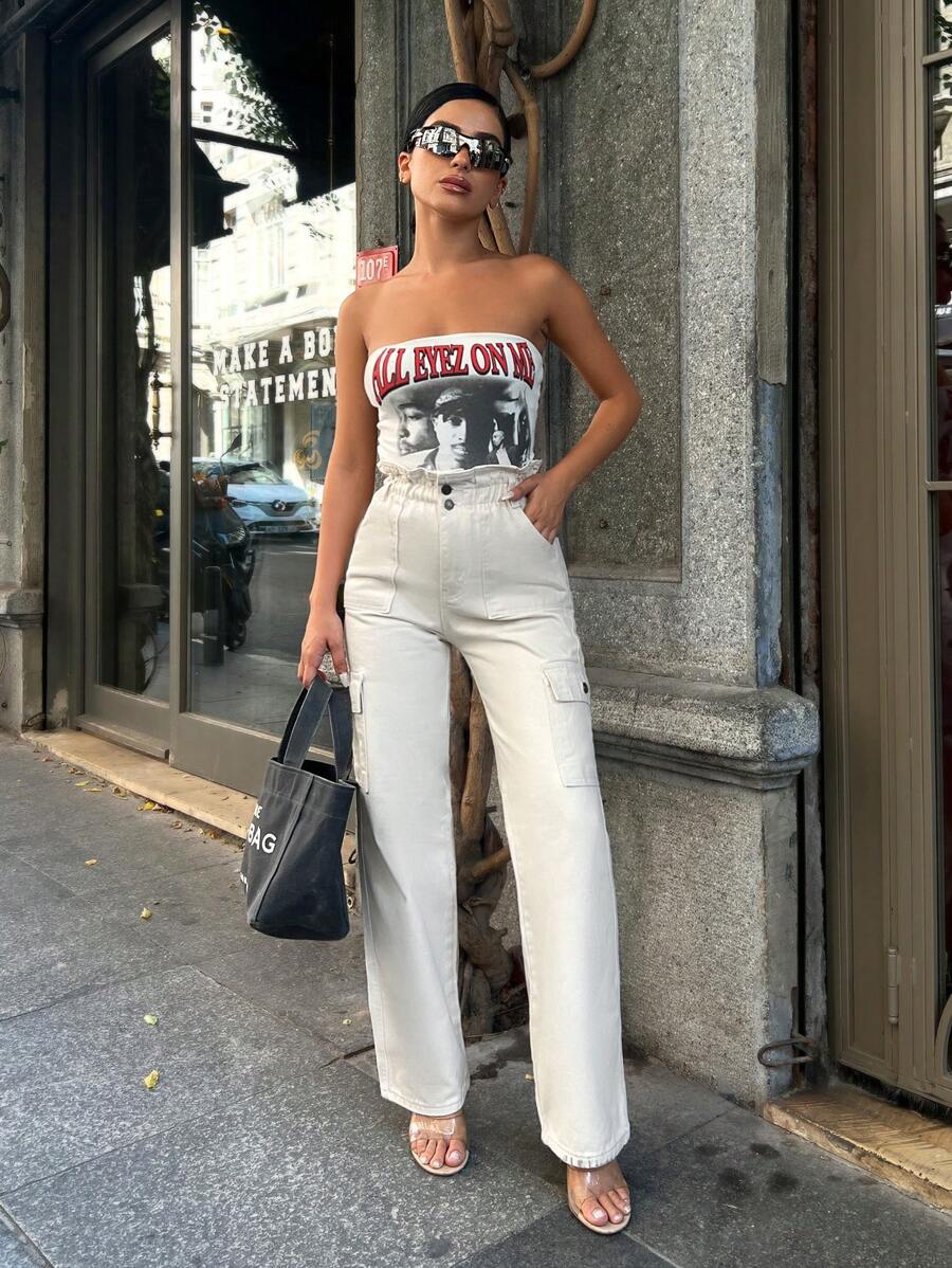 SHEIN Cottnline Kieszenie z klapką z boku Dżinsy cargo - Beżowy - Zobacz 1