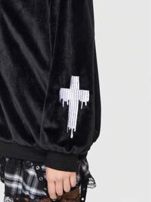 ROMWE Kawaii Cross Embroidery Letter Graphic Drawstring Zip Up Velvet Hooded Jacket - Black - View 2
