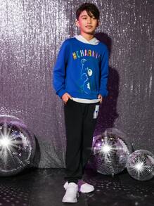 SHEIN X Care Bears 男大童熊和字母圖案連帽衫和運動褲