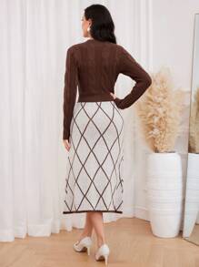 Modelyn Argyle Pattern Pearls Beaded Sweater Dress - Coffee Brown - View 2