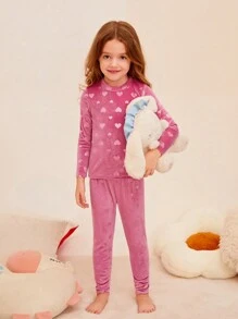 年輕女孩粉白色心形圖案2件緊身睡衣套裝,可分開購買作為媽媽和我搭配服飾 - 玫紅色 - 查看 4