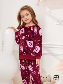 Young Girl Star & Leaf Print PJ Set - Burgundy - View 4