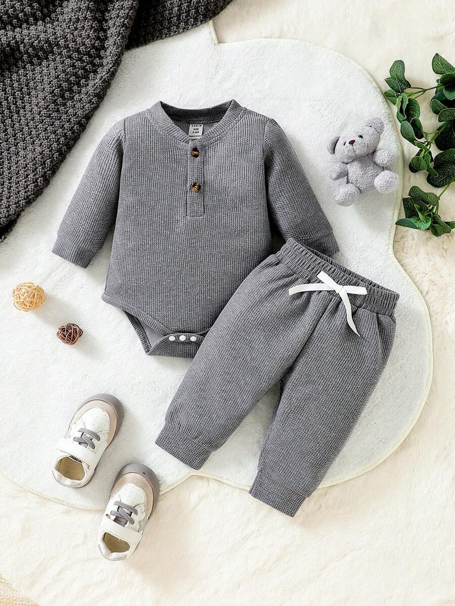 SHEIN 男嬰半排扣連身背心&前打結衛褲 - 深灰色 - 查看 1