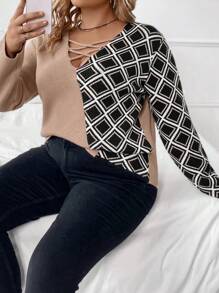 SHEIN LUNE Suéter de punto con estampado geométrico y cruce delantero, suéter de otoño e invierno - Multicolor - Ver 4