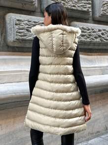 EURMUSE Zip Up Hooded Puffer Vest Coat - Beige - View 2