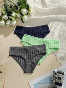 3 piezas Calzoncillos ribete con encaje tejido de canalé - Multicolor - Ver 1