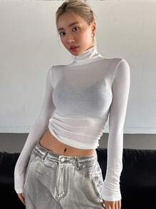 DAZY 女式立领褶饰短款T恤长袖上衣